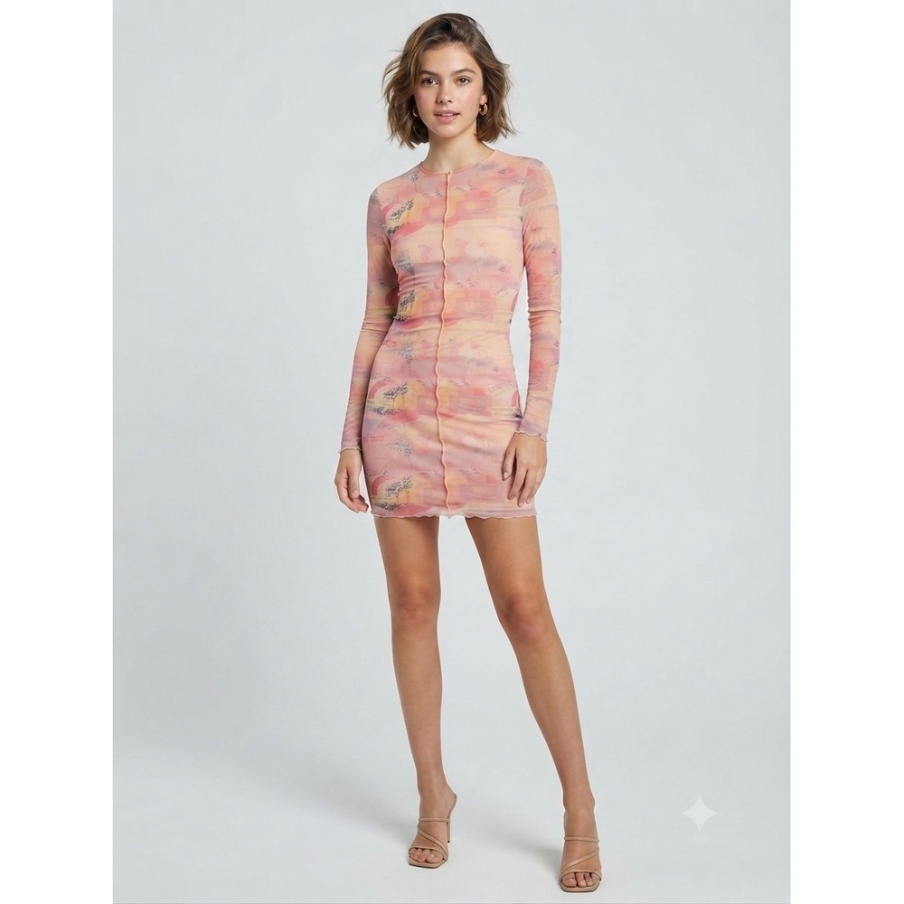 Princess Polly Mini Dress Women 4 Pink Mesh Long Sleeve Bodycon Abstract Graphic